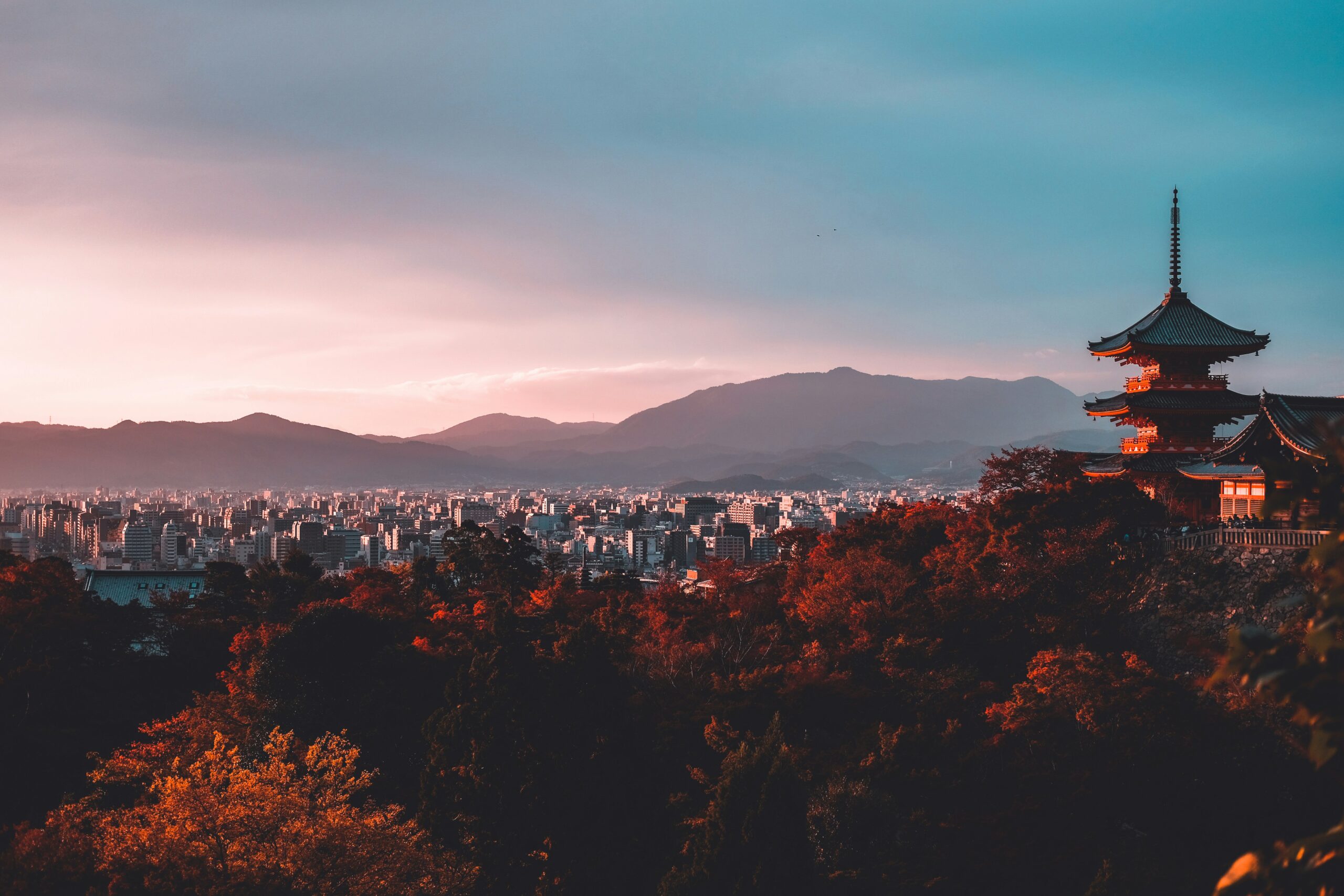 Kyoto cityscape at sunset with pagoda