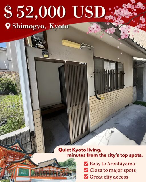 Kyoto Detached House | Affordable Investment Opportunity 🇯🇵

Located in a quiet residential area with excellent access to central Kyoto, this compact property offers great potential for renovation.

🏡House for Sale – Shimogyo, Kyoto

💰Price
JPY 7,800,000 (Approx. USD 52,000)

Property Overview

📍Location
Nakadoji Maedacho, Shimogyo-ku, Kyoto

🚊Access
Tanbaguchi Station (JR Sanin Main Line) – 5 min walk
Umekoji-Kyotonishi Station (JR Sanin Main Line) – 15 min walk
Shijo-Omiya Station (Keifuku Arashiyama Line) – 16 min walk
Omiya Station (Hankyu Kyoto Line) – 16 min walk
Gojo Station (Karasuma Subway Line) – 17 min walk

☑ Property Details
Property Type: Detached House
Layout: 2DK
Land Area: 55.99 m²
Building Area: 22.87 m²
Structure: Wooden, Single-story
Year Built: January 1960

🔑 Key Features
• Prime Kyoto location within walking distance to multiple stations
• Quiet residential neighborhood
• Affordable entry price for Kyoto investment
• Renovation potential

🗺 Land & Zoning
Land Ownership: Freehold
Zoning: First-Class Residential Zone
City Planning: Urbanized Area
Building Coverage Ratio (BCR): 60%
Floor Area Ratio (FAR): 200%

🚙 Road Access
East side: approx. 2.0 m road

💡 Other Notes
• No parking
• Flat land
• Rebuilding is not permitted

Rare low-entry investment opportunity in Kyoto — ideal for renovation projects.

┈┈┈┈┈┈┈┈
@bessotogo 
We take care of everything for you — from property management and licensing applications to financial management and interior furnishing. 
While you’re not using your property, our team will handle all operations seamlessly under one roof.
┈┈┈┈┈┈┈┈

#kyotostay #japanlife #minpaku #airbnbhost #renovation
